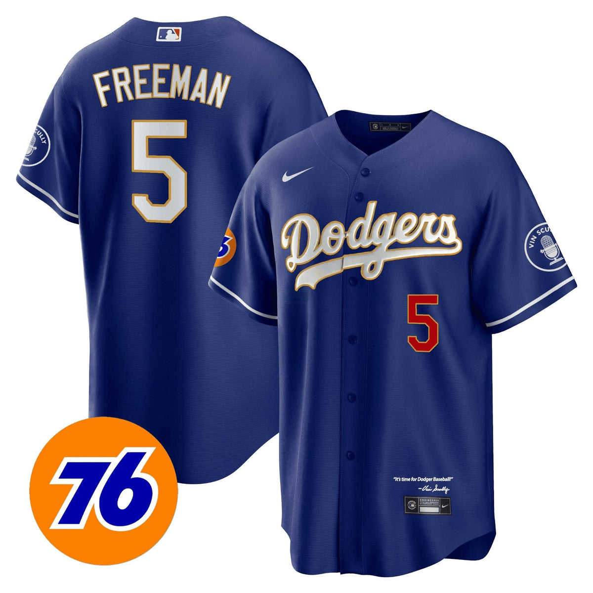 MLB Men’s Los Angeles Vin Scully 76 Patch Gold Trim Player Jersey