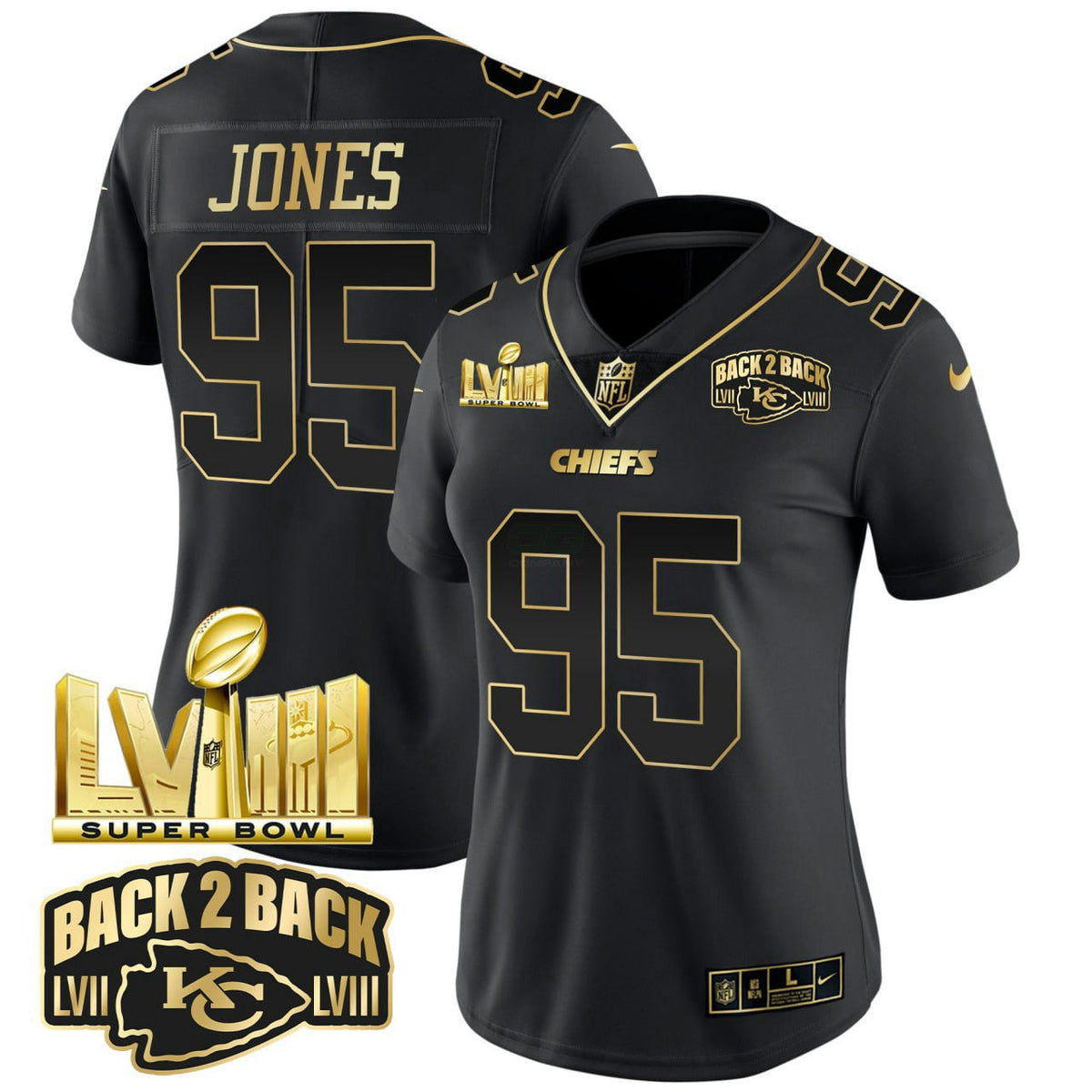 NFL Chris Jones Super Bowl LVIII & Back 2 Back Gold Patch Black Gold Women Style Jersey V2 - Chris Jones