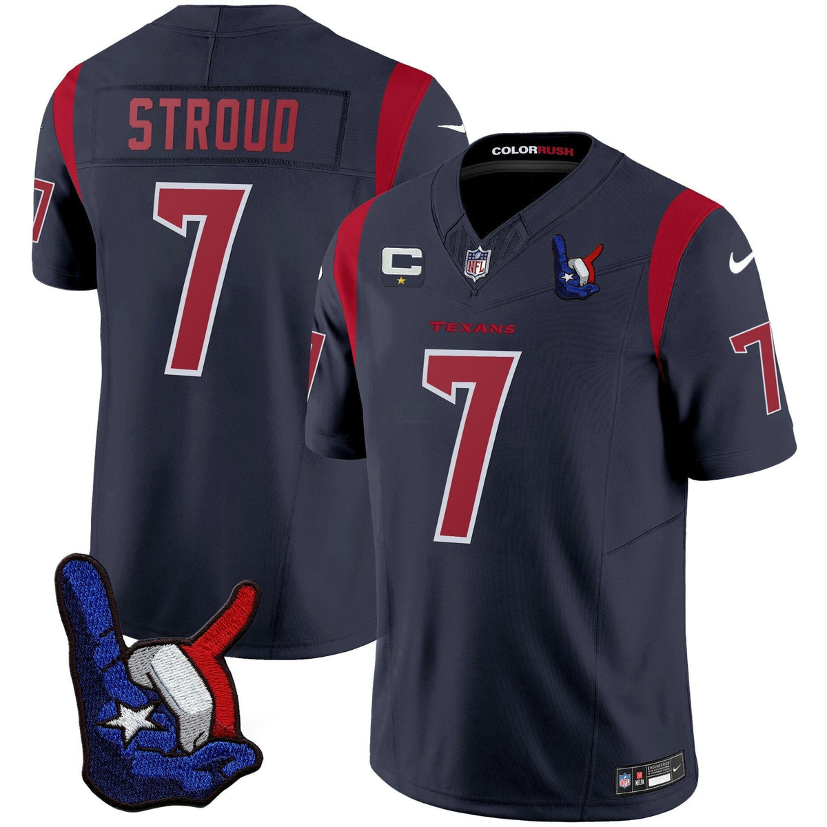 NFL CJ Stroud Houston Color Rush Hand Sign Throwing Up The H Jersey - Navy Blue