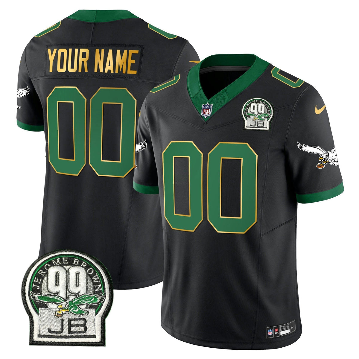 NFL Jerome Brown Patch Kelly Green Gold Trim Jersey