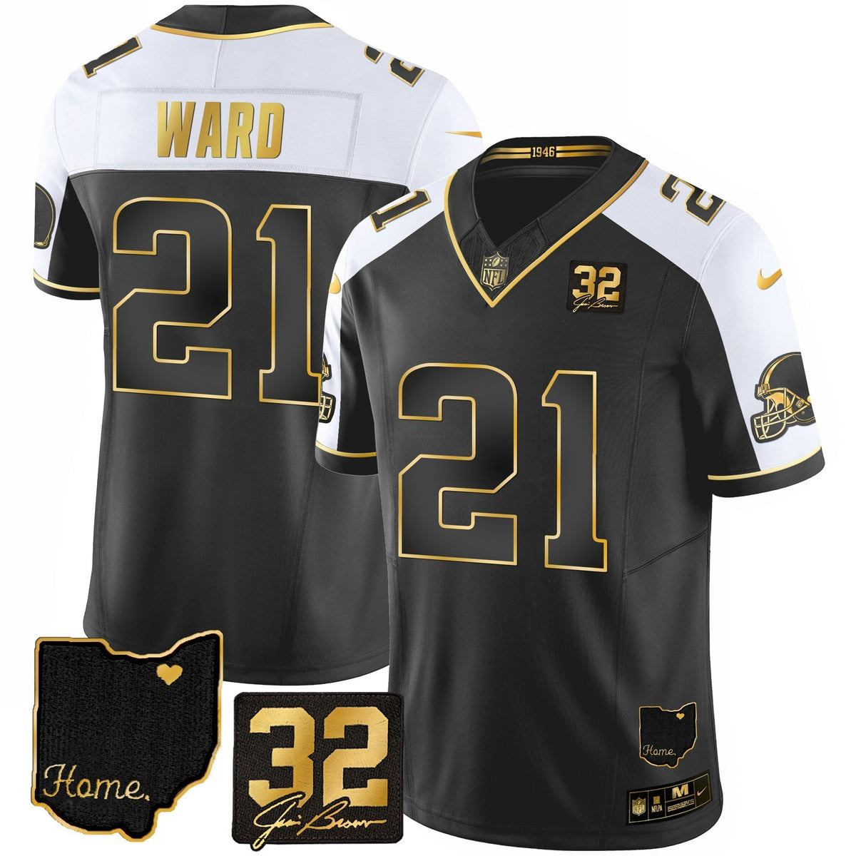 NFL Men’s #32 Jim Brown Memorial & Home Patch Gold Jersey