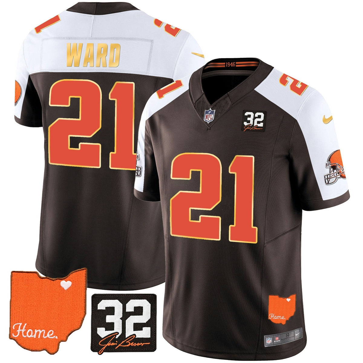 NFL Men’s #32 Jim Brown Memorial & Home Patch Gold Trim Jersey