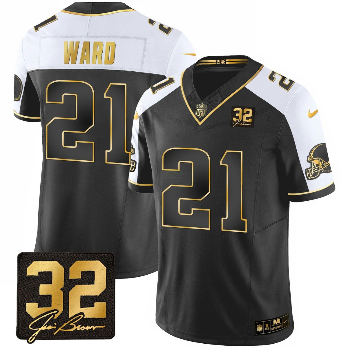 NFL Men’s #32 Jim Brown Memorial Patch Gold Jersey