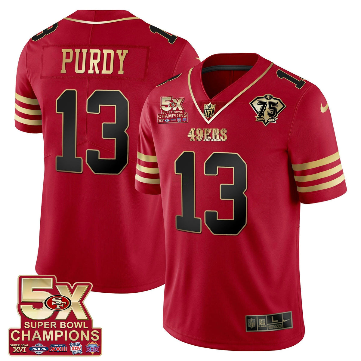 NFL Men’s 5x Super Bowl Patch Black Red Vapor Jersey – Stitched