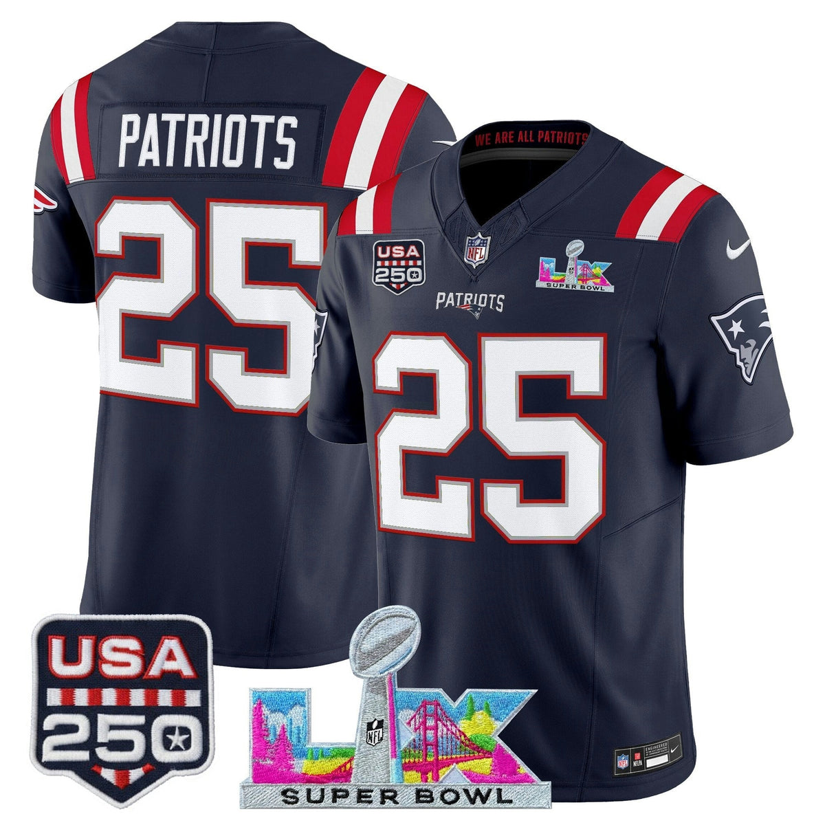 NFL Men’s New England “Super Bowl LX & United States 250th Anniversary Patch” Vapor Limited Jersey