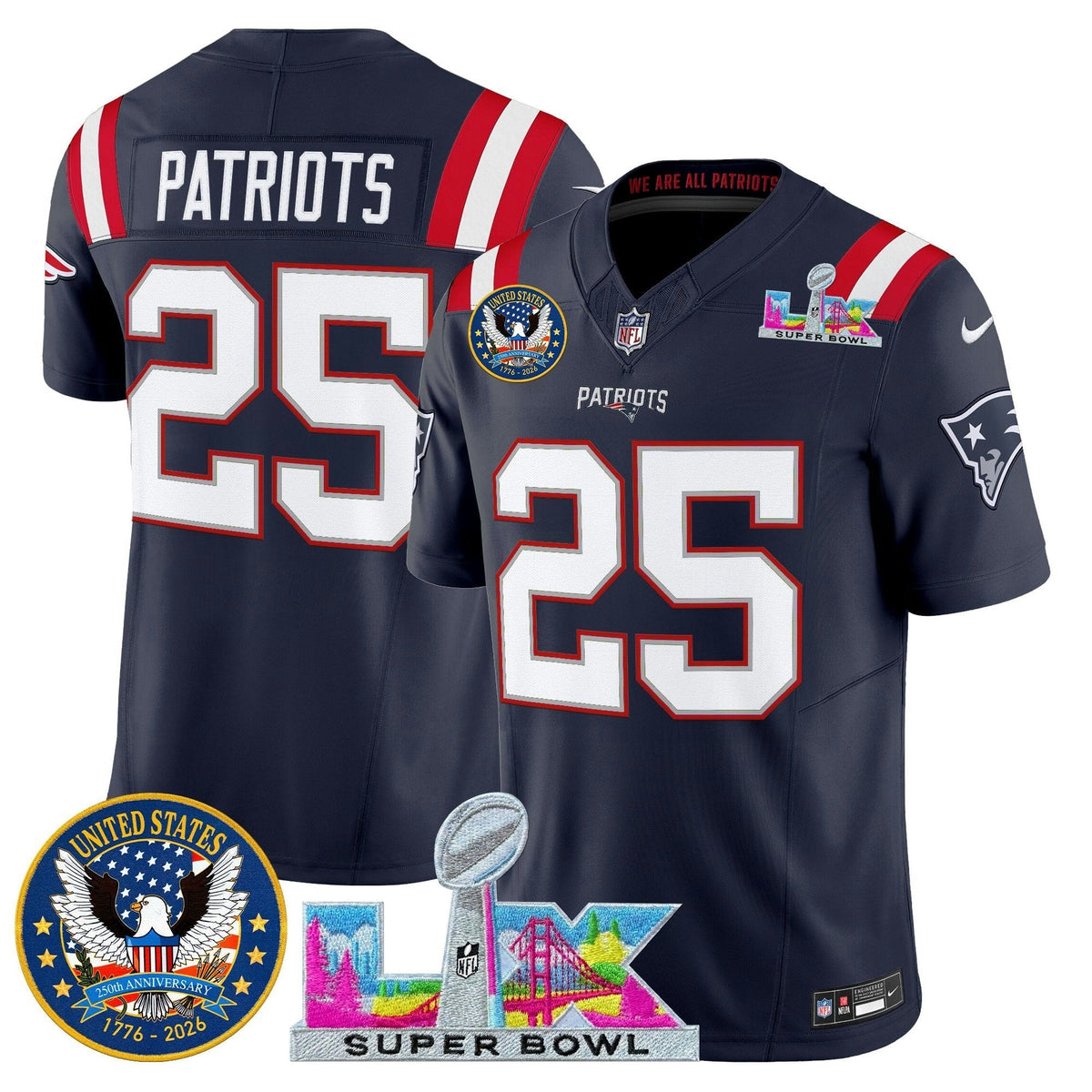 NFL Men’s New England “Super Bowl LX & United States 250th Patch” Vapor Limited Jersey