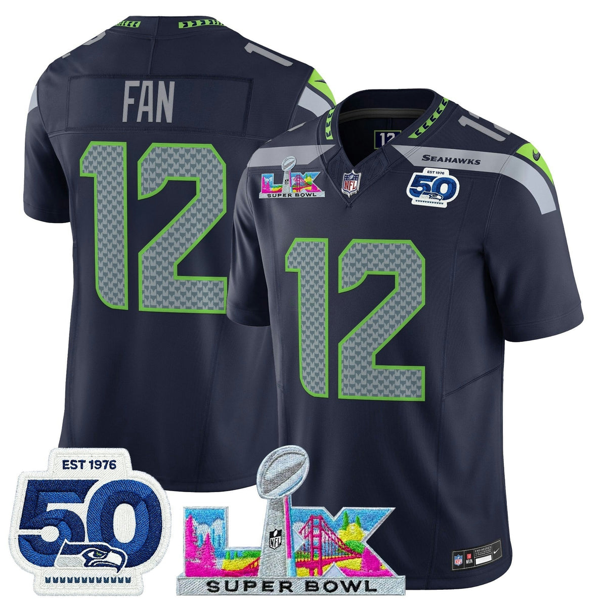 NFL Men’s Seattle “Super Bowl LX & 50th Patch” Vapor Limited Jersey