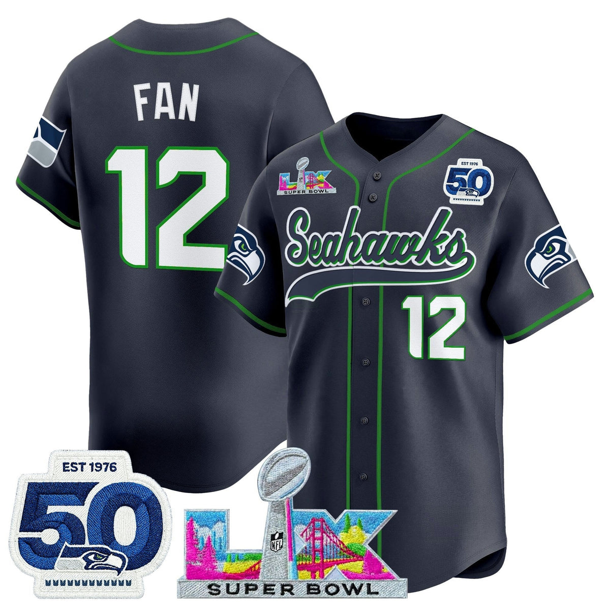 NFL Men’s Seattle “Super Bowl LX & United States 250th Anniversary Patch” Vapor Jersey