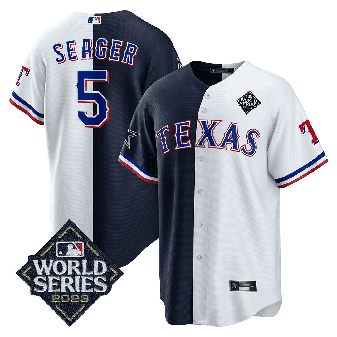 NFL Men’s Split Rangers – 2023 World Series Patch Cool Base Jersey - White - Navy Blue