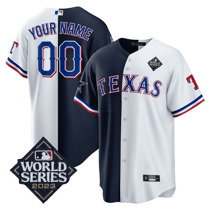 NFL Split Rangers – 2023 World Series Patch Cool Base Jersey - White - Navy Blue
