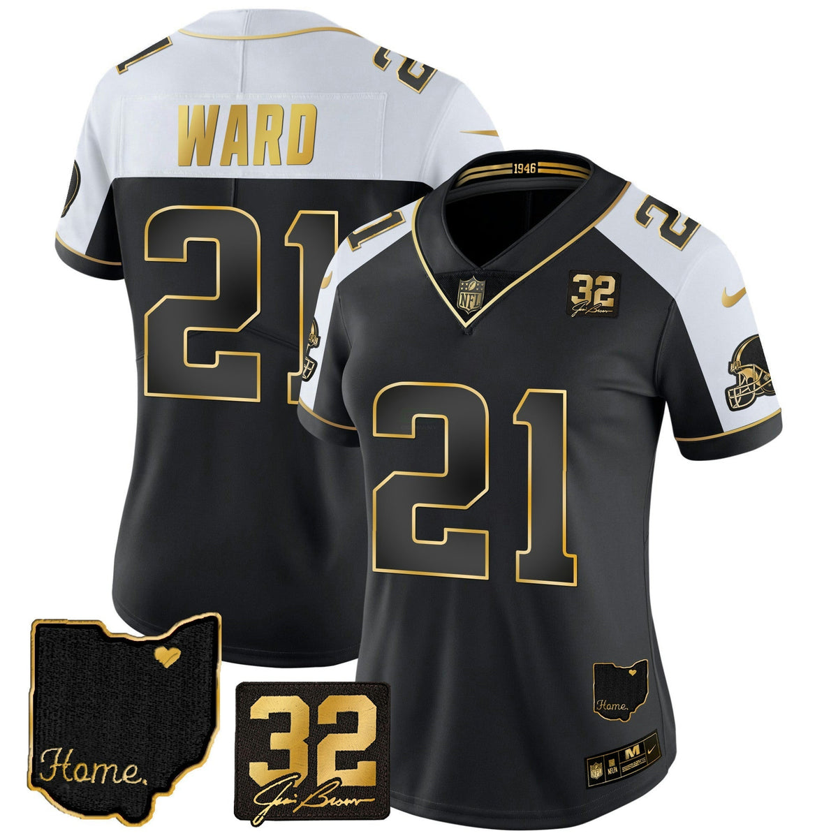 NFL Women’s #32 Jim Brown Memorial & Home Patch Gold Jersey