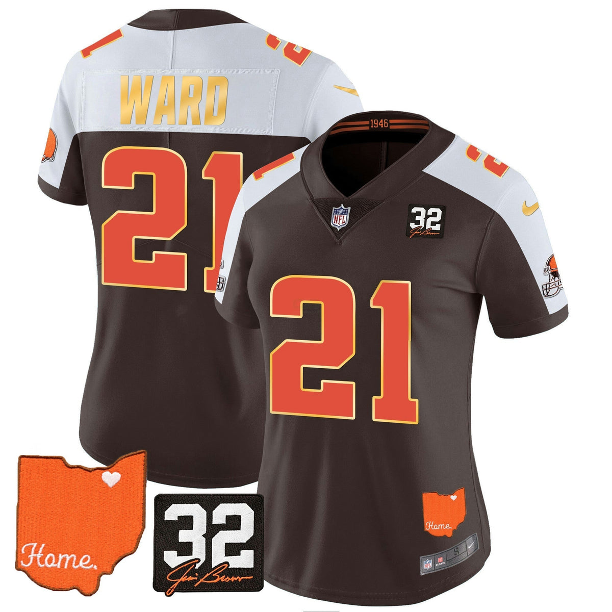 NFL Women’s #32 Jim Brown Memorial & Home Patch Gold Trim Jersey