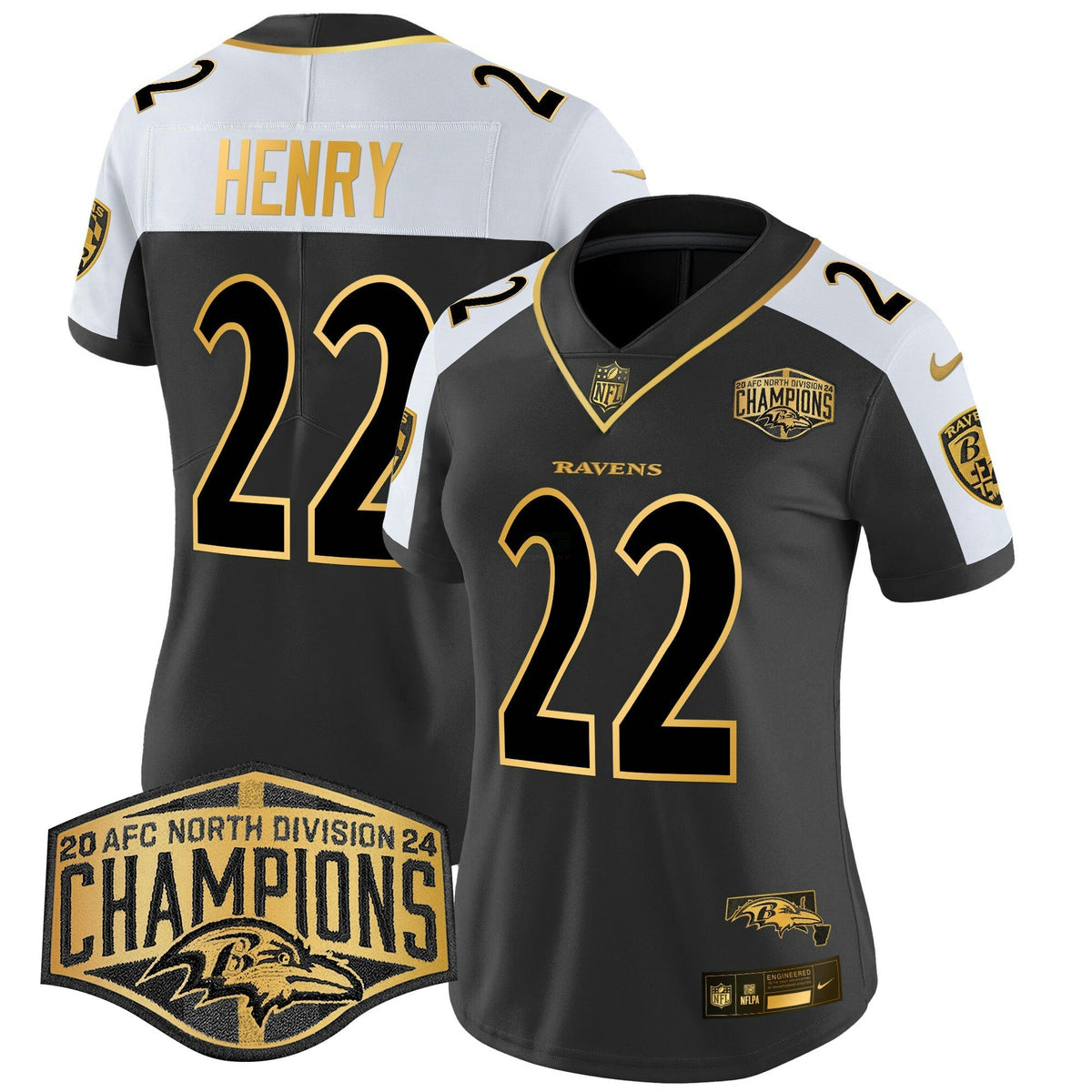 NFL Women’s Maryland Flag Map 2024 AFC North Division Champions Patch Gold Vapor Limited Jersey