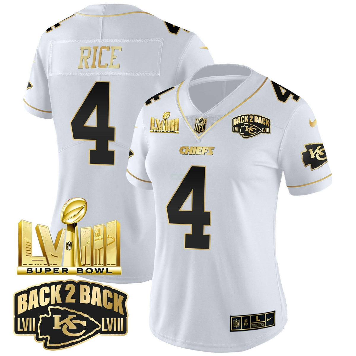 NFL Women’s Super Bowl LVIII & Back 2 Back Gold Patch Vapor Jersey V2